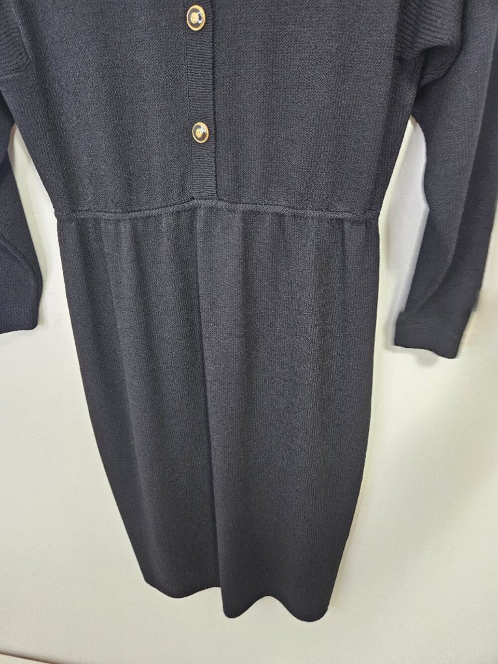 Vintage St. John Santana Knit Black Midi Dress Sz L Gold Logo Buttons Pull-On - Picture 5 of 9